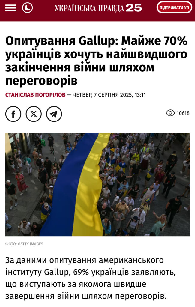 По данным опроса Gallup, 69% украинцев выступают за скорейшее завершение войны путем переговоров